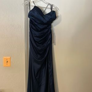 Dark blue satin formal dress with slit on side (size small)